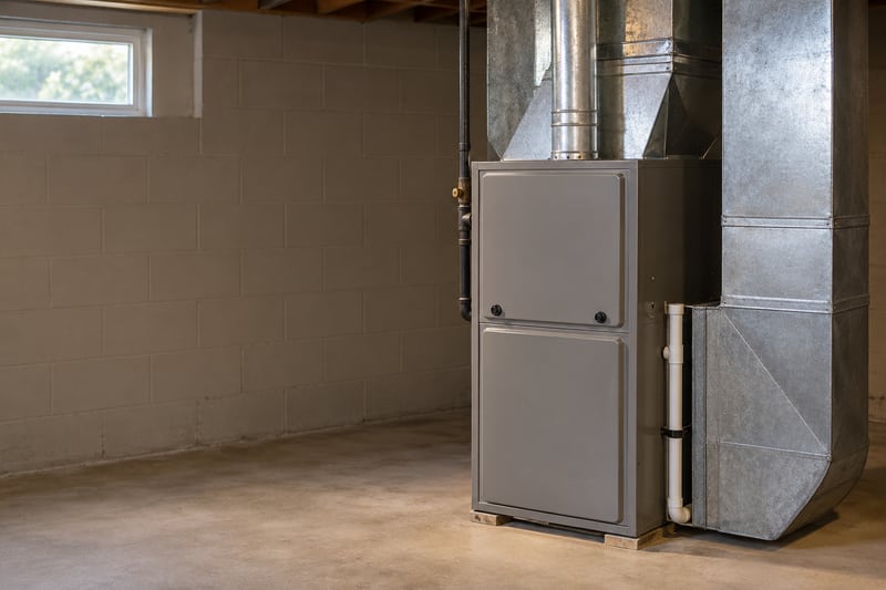 Closed residential furnace and metal ductwork in an illustrative utility room